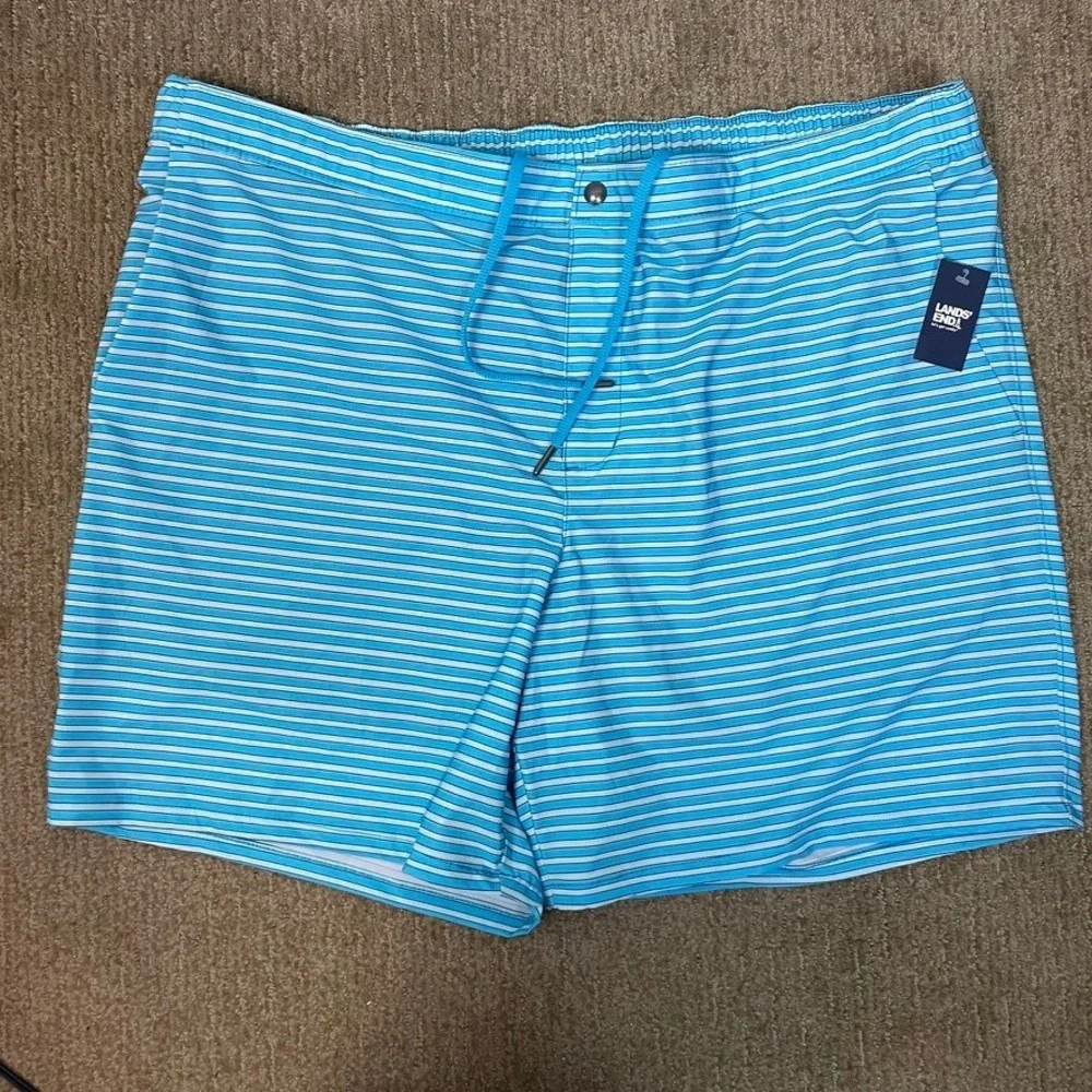 Lands End Mens Swim Trunks Shorts Blue Stripe XXL Elastic Waist Pockets